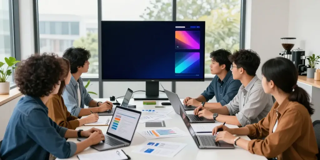 Team collaborating on software sponsored content UK in bright office.
