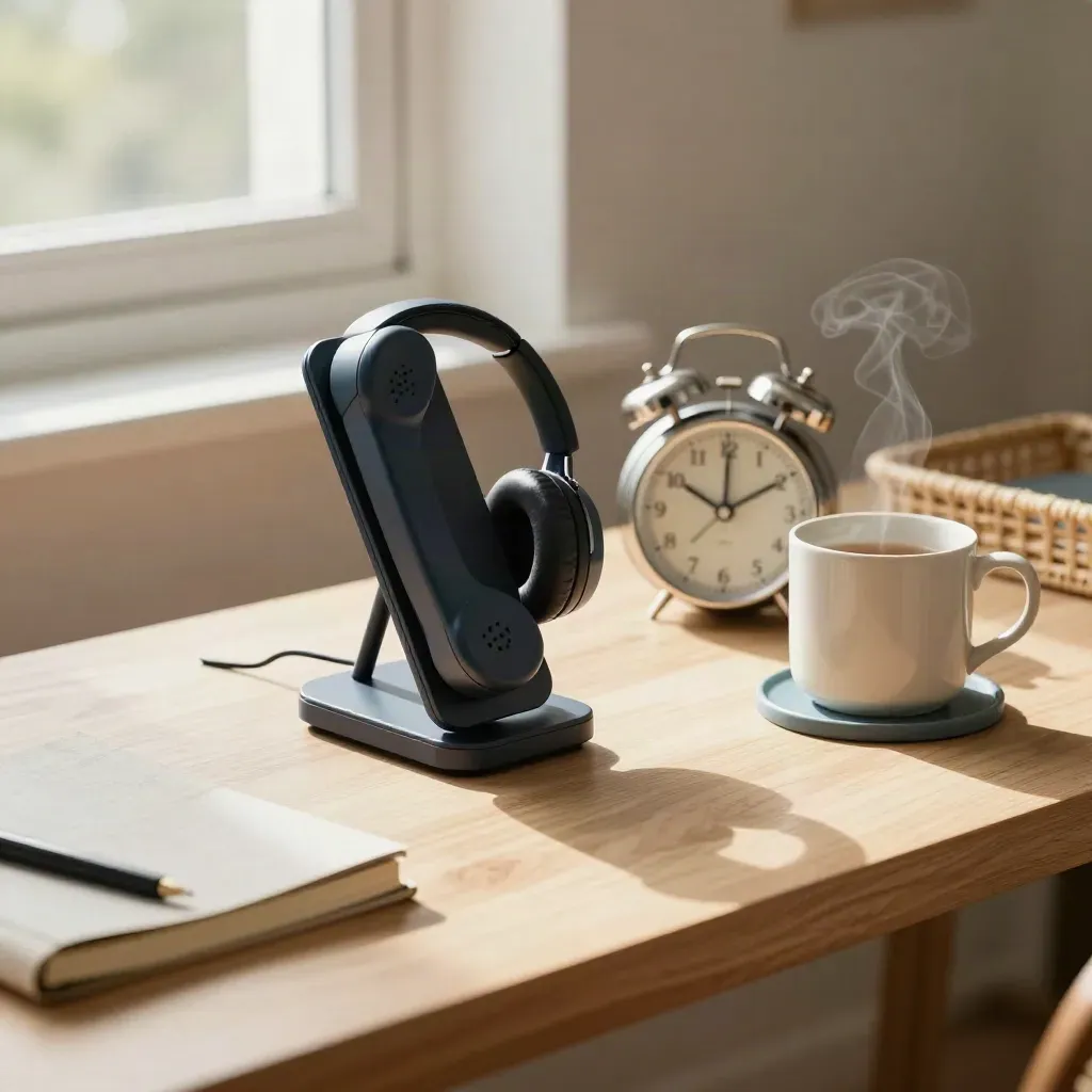 Home consultation corner with phone stand, headphones, notebook, clock, mug and tea steam