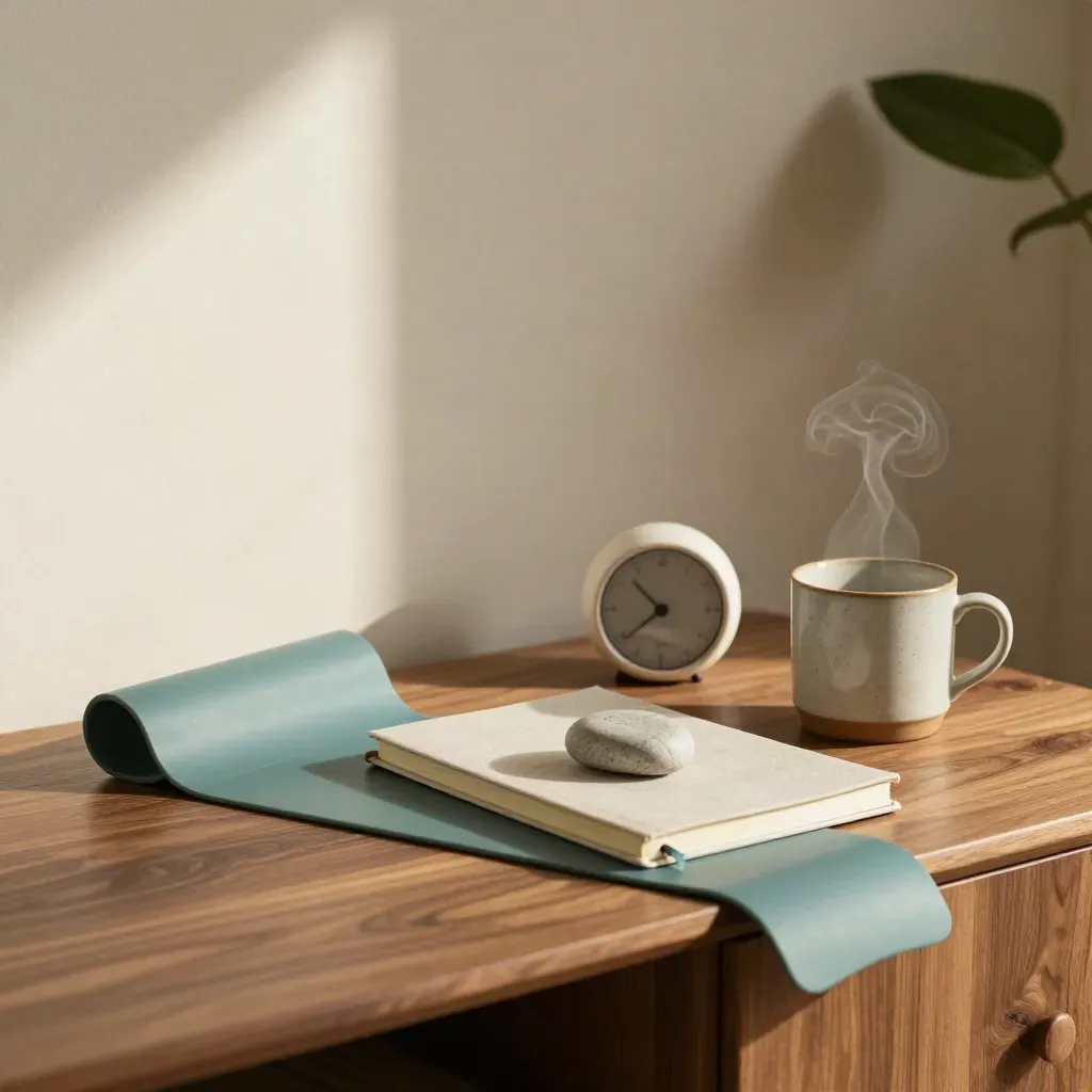 Resistance band, timer, notebook and mug on a walnut wellness sideboard.