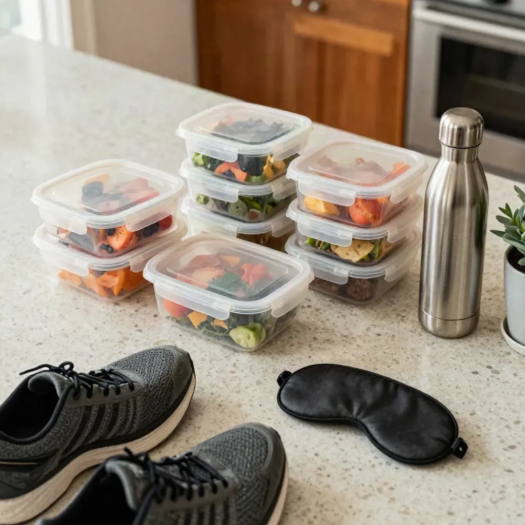 Overhead wellness plan flatlay with meal prep boxes, shoes, sleep mask, bottle, and plant