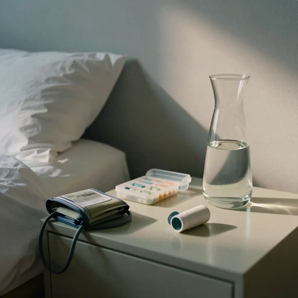 Chronic-care bedside station with inhaler, spacer, pill organiser, cuff and water carafe.