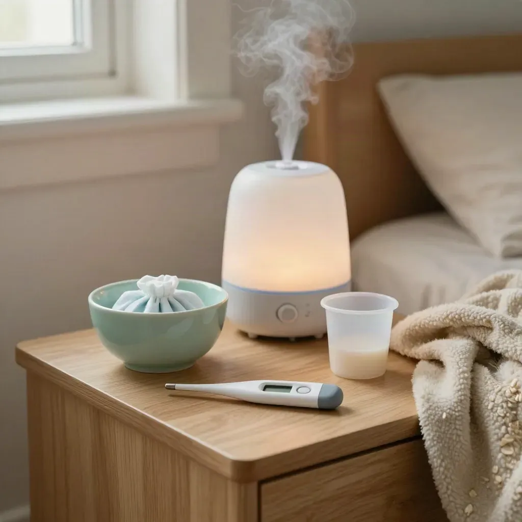 Calm bedside fever-care setup with thermometer, humidifier, bowl and folded blanket.