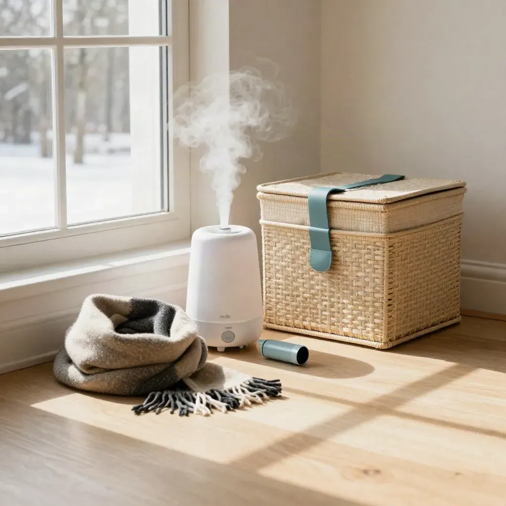 Winter asthma kit beside a misting humidifier and window, ready before cold weather.