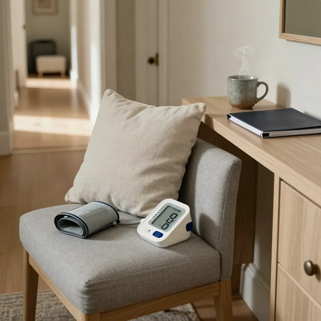 Hallway blood-pressure corner with cuff, monitor base, mug, and binder in warm daylight.