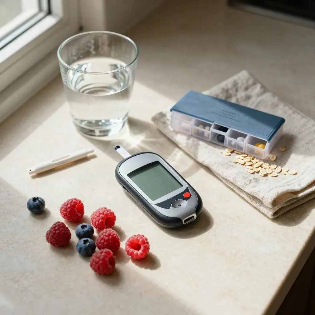 Top-down diabetes check setup with meter, berries, water glass and pill organiser on a pale table.