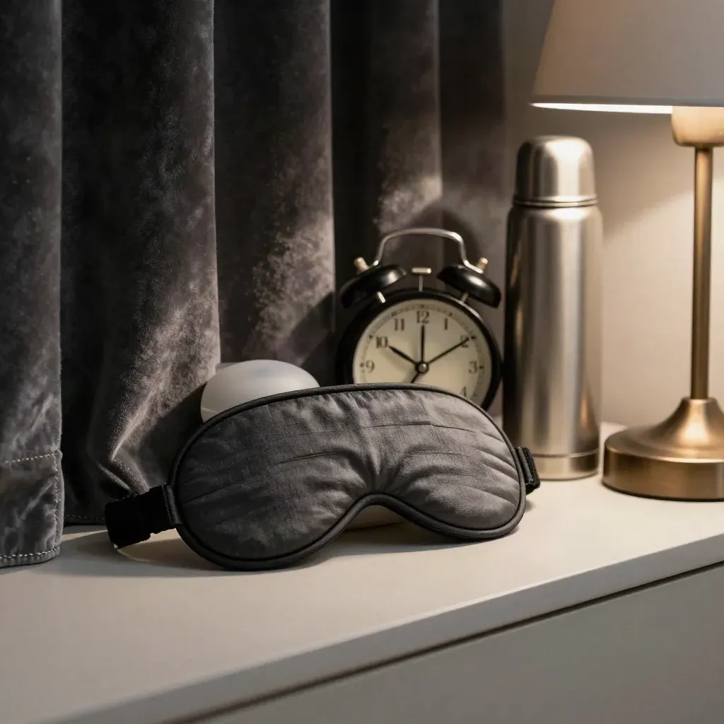 Extreme macro of a shift-work sleep corner with mask, earplugs, clock, thermos and lamp in moody light.