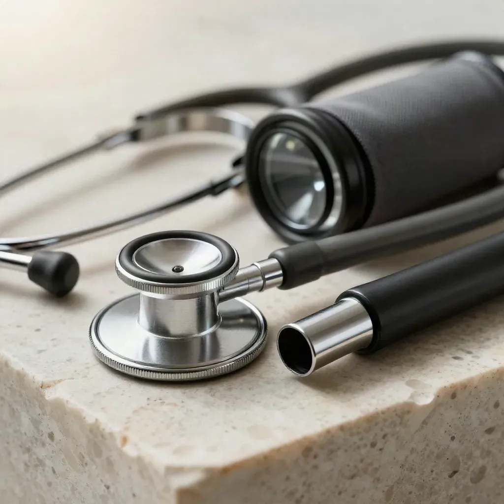Macro still life of clinical tools on travertine: stethoscope, penlight, otoscope tip, cuff fabric.