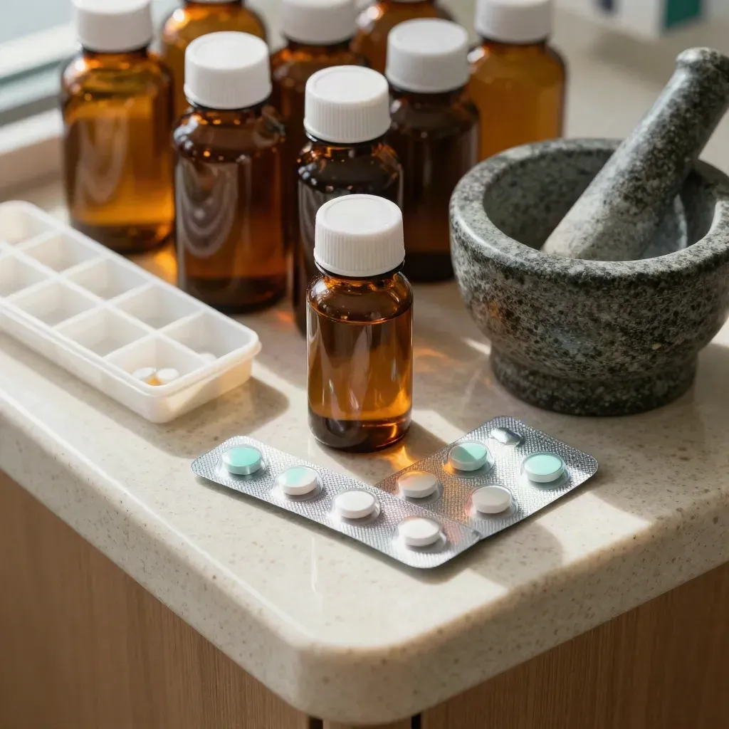 Amber pharmacy bottles, pill organiser, blister strips, mortar and pestle on a counter.