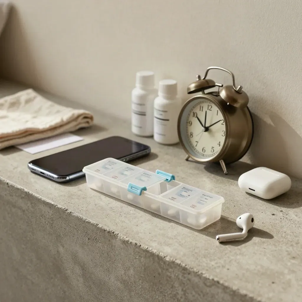 Bedside pill organiser with phone dock, alarm clock, refill bottles, and earbuds on concrete.