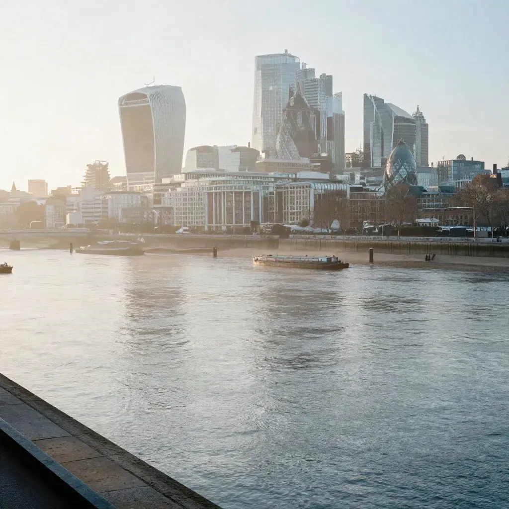 London skyline over the Thames at dawn, misty water, and soft sunrise glow.