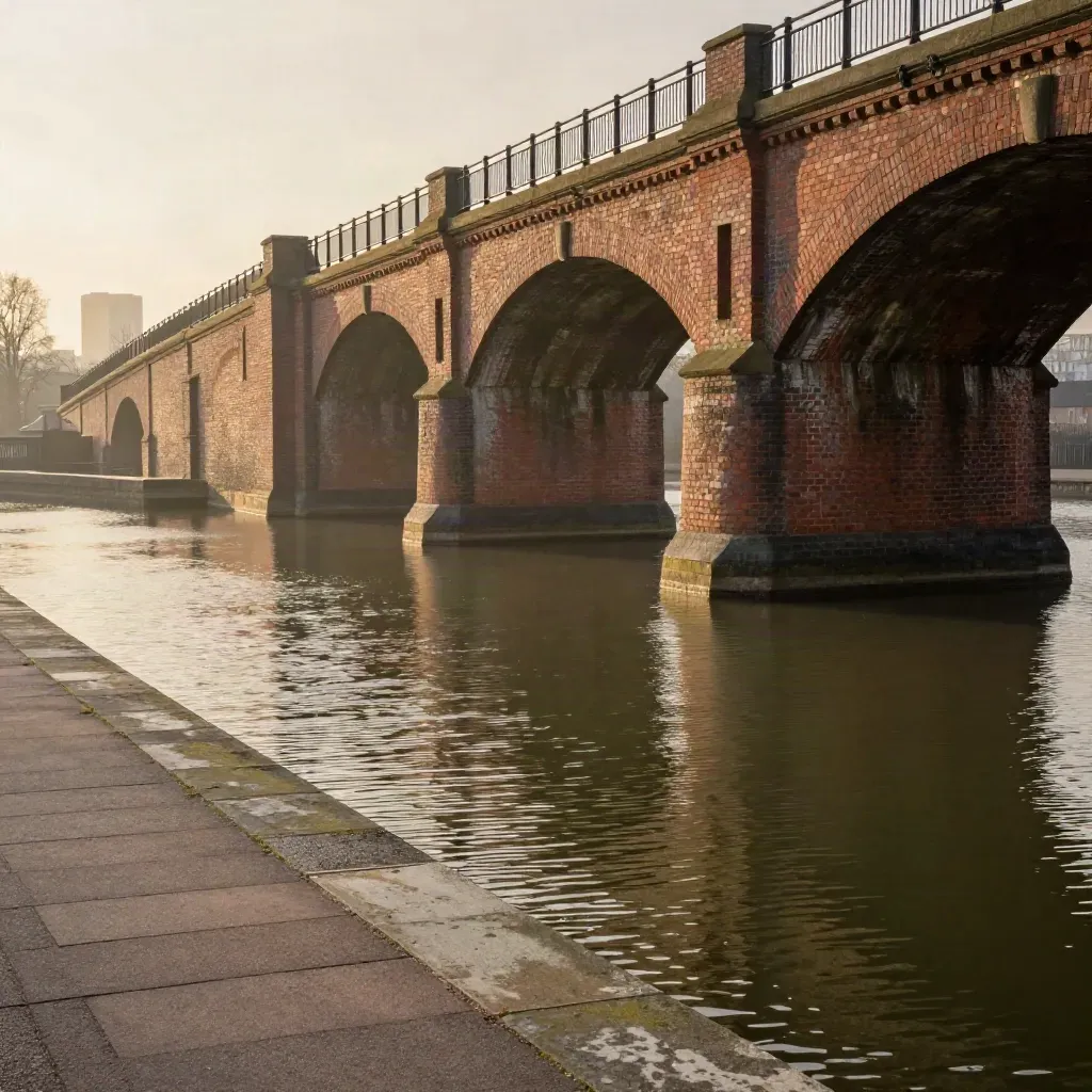 West Midlands canal arches and skyline in warm haze over calm water.